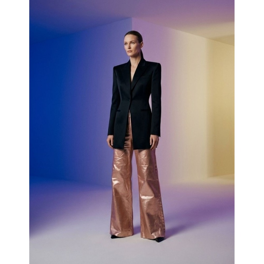 ANNIEWEAR‎ DENIM Rose Gold Metallic Coated High Rise Wide Leg Flared Pants M 177
